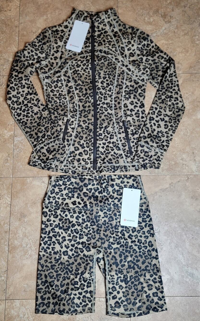 Lululemon Sz 12 Animal Print Defined Jacket Shorts Brown Leopard Set Activewear
